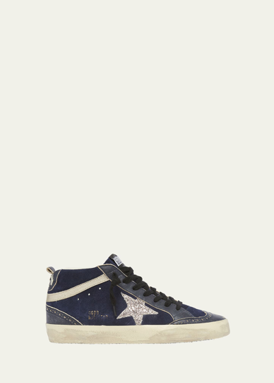 Golden Goose Mid Star Mixed Leather Wing-tip Sneakers In Medieval Blue/ec