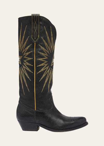 GOLDEN GOOSE WISH STAR EMBROIDERED LEATHER WESTERN BOOTS