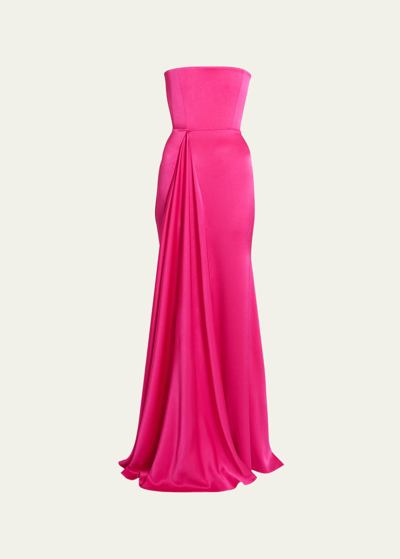 Alex Perry Satin Crepe Strapless Gathered Drape Gown In Raspberry