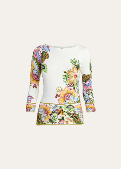 Etro Tree Of Life 3/4-sleeve Stampa Croce Pullover In Print On White Ba