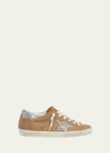 Golden Goose Super-star Distressed Glittered Leather-trimmed Suede Sneakers In Tabacco Silver