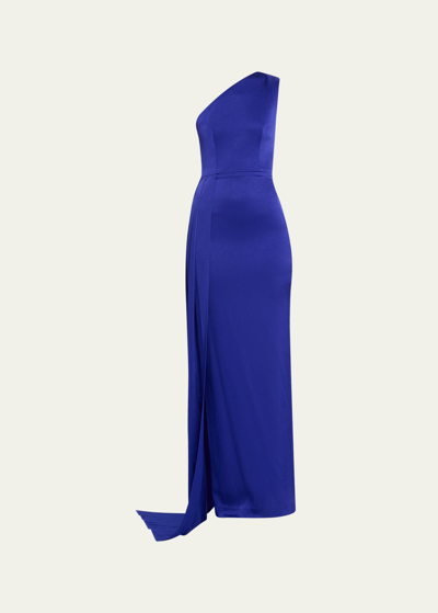 Alex Perry Satin Crepe One-shoulder Column Gown With Sash In Ultramarine