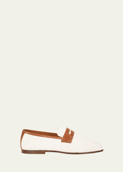 Sophique Essenziale Classic Bicolor Penny Loafers In Faux White Raffiabrown Leather