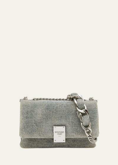 Balmain 1945 Small Washed Denim Chain Shoulder Bag In 6fm Bleu Gris