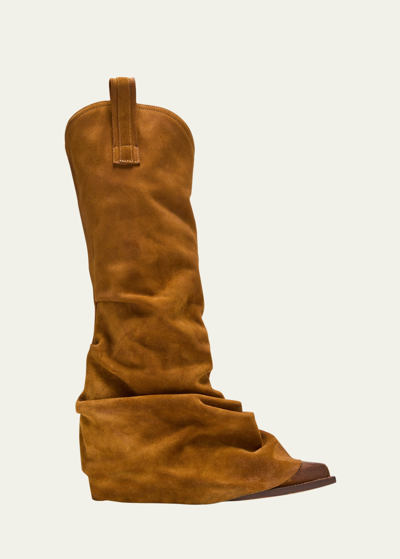 R13 Suede Sleeve Tall Western Boots In Light Brown