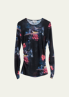Ganni Printed Mesh Long Sleeve Gathered Blouse In Black
