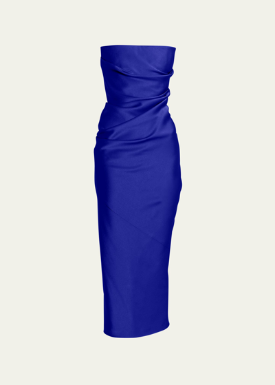 Alex Perry Satin Crepe Strapless Draped Midi Dress In Ultramarine