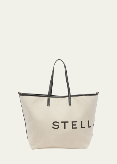Stella Mccartney Logo Canvas Shopper Tote Bag In Beige