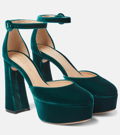 Gianvito Rossi Holly D'orsay天鹅绒防水台高跟鞋 In Green