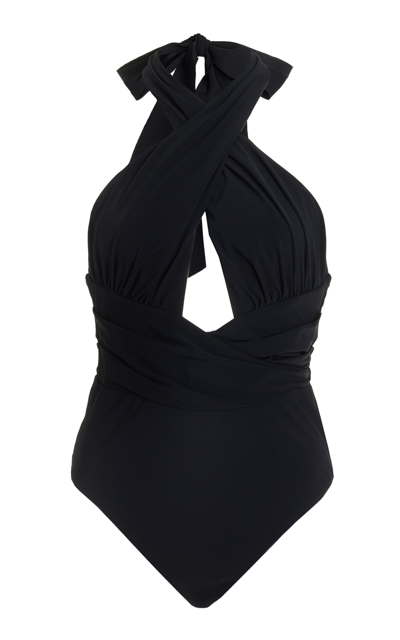 Zimmermann Alight Wrapped Halter One-piece Swimsuit In Noir