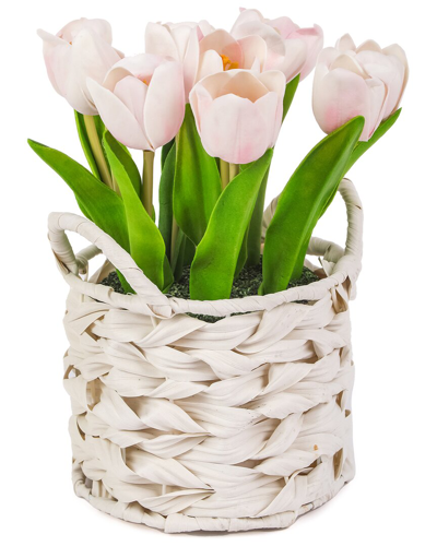National Tree Company 10in Pink Tulip Bouquet In White Basket