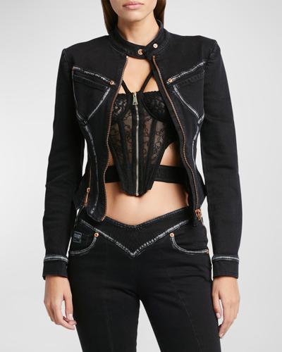 Versace Jeans Couture Zip-front Corset Denim Jacket In Blue