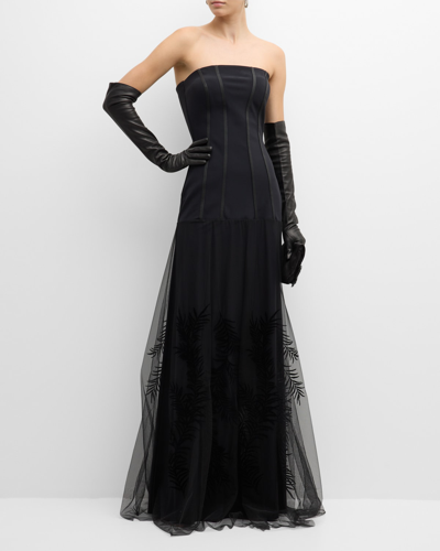 Chiara Boni La Petite Robe Strapless Embroidered Illusion Gown In Black
