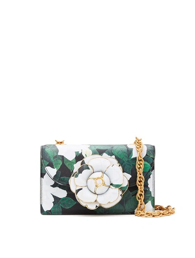 Oscar De La Renta Classic Tro Gardenia Print Leather Shoulder Bag In Black Multi