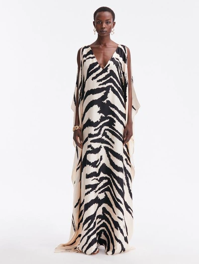 Oscar De La Renta Tiger-printed Silk-twill Caftan In Ecru/black