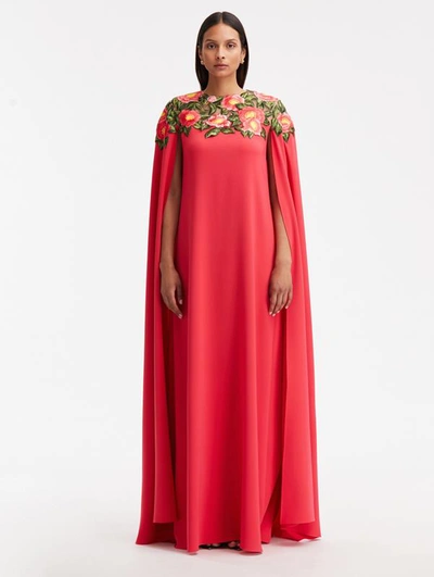 Oscar De La Renta Camellia Floral-embroidery Dress In Cerise
