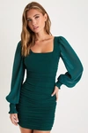 Lulus Perfect Sensation Dark Green Mesh Ruched Puff Sleeve Mini Dress In Dark Green