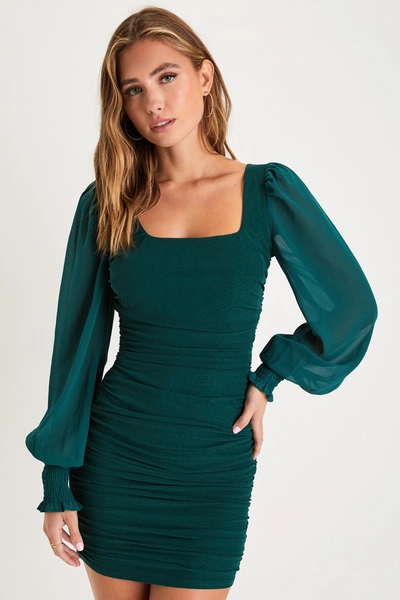 Lulus Perfect Sensation Dark Green Mesh Ruched Puff Sleeve Mini Dress