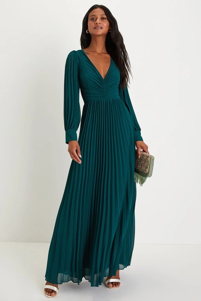 Lulus Sophisticated Grace Emerald Green Pleated Long Sleeve Maxi Dress