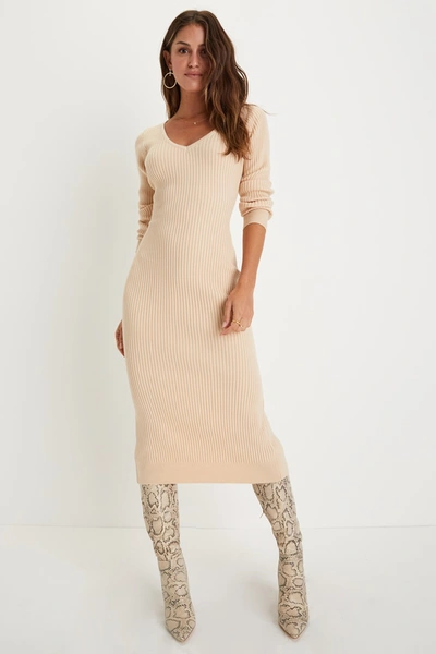 Lulus Everyday Beauty Beige Long Sleeve Ribbed Knit Sweater Dress