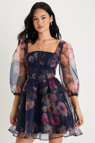 Lulus Lovely Idea Navy Blue Floral Three-quarter Sleeve Skater Dress In Purple