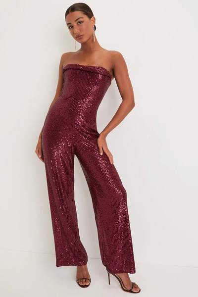 Lulus Glorious Vision Wine Red Sequin Strapless Wide-leg Jumpsuit