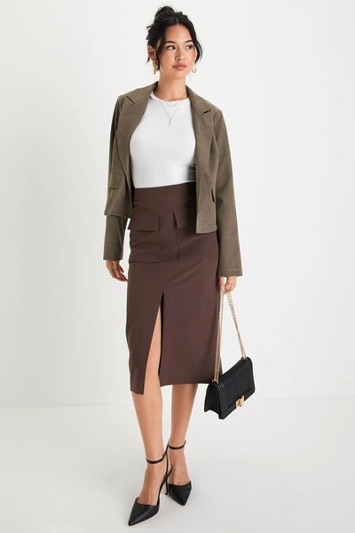 Lulus Officially Iconic Chocolate Brown High Waisted Cargo Midi Skirt