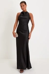 Lulus Effortlessly Sensational Black Satin Backless Maxi Dress In Black