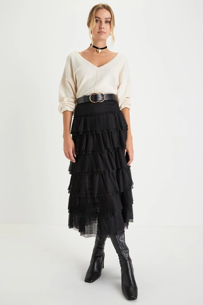 Lulus Chic Cutie Black Tulle Swiss Dot Tiered Midi Skirt