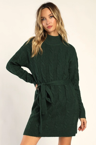 Lulus Warmed Up To You Green Cable Knit Mock Neck Sweater Dress