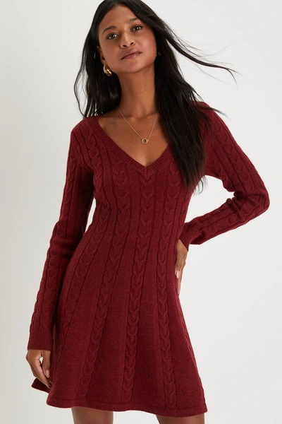 Lulus Sweetly Seasonal Burgundy Cable Knit Sweater Mini Dress