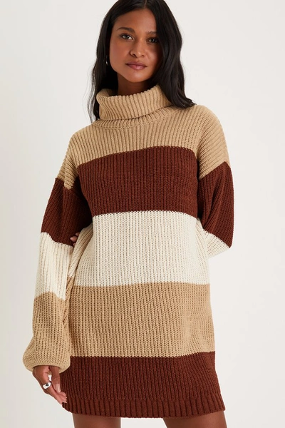 Lulus Effortlessly Chill Brown Striped Turtleneck Mini Sweater Dress