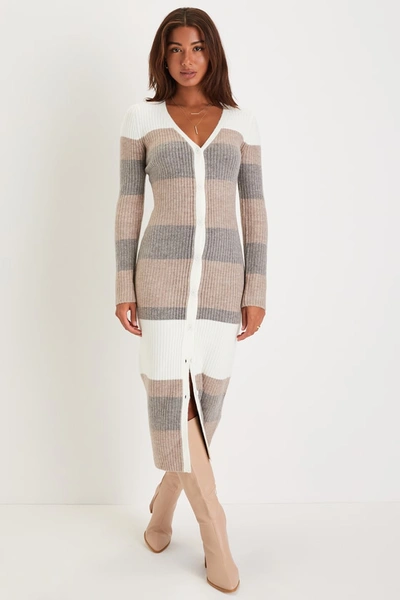 Lulus Comfy Darling Ivory Striped Button-up Midi Sweater Dress