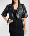 VERSACE JEANS COUTURE SHORT SLEEVE FAUX-LEATHER MOTO JACKET