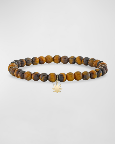 Sydney Evan Men's Tigers Eye Beaded Bracelet With 14k Gold Pot Leaf Charm