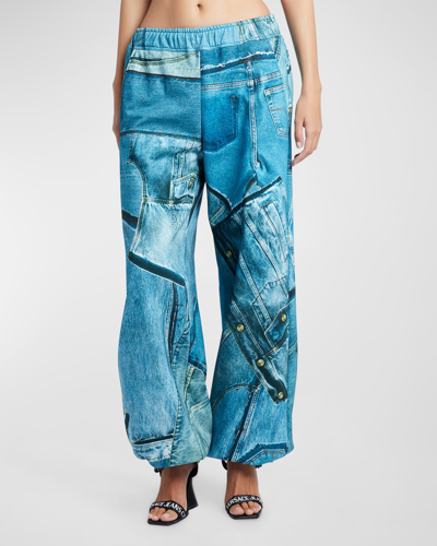 Versace Jeans Couture Denim-print Drawstring Gym Pants In Bonnie Light Blue