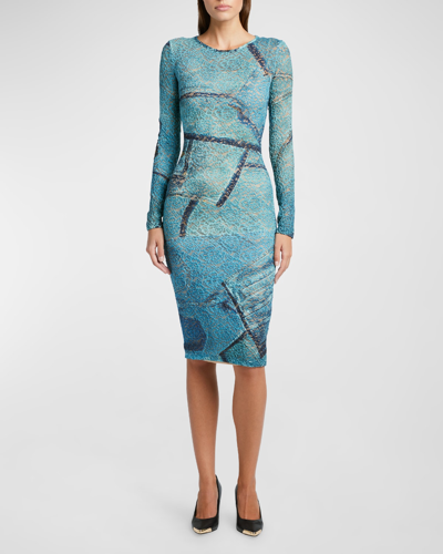 Versace Jeans Couture Long-sleeve Lace Knit Midi Bodycon Dress In Bonnie Light Blue
