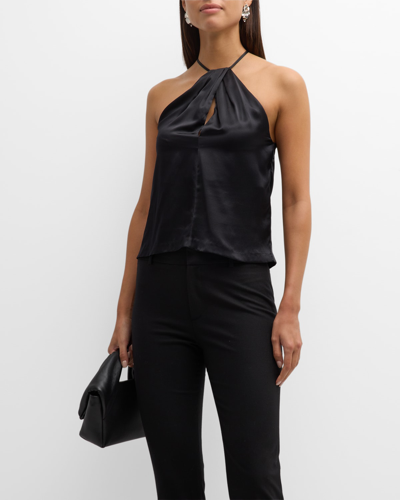 Nili Lotan Edwige Gathered Silk-satin Halterneck Top In Black