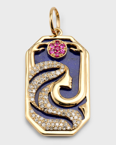 Kastel Jewelry 14k Yellow Gold Moon Goddess Pendant With Lapis, Diamonds And Rubies