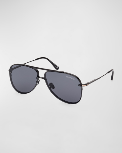 Tom Ford Men's Leon Metal Aviator Sunglasses In Shiny Black Smoke