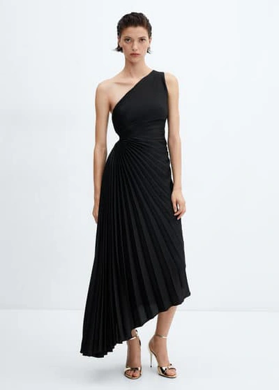 Mango Asymmetrical Pleated Dress Black