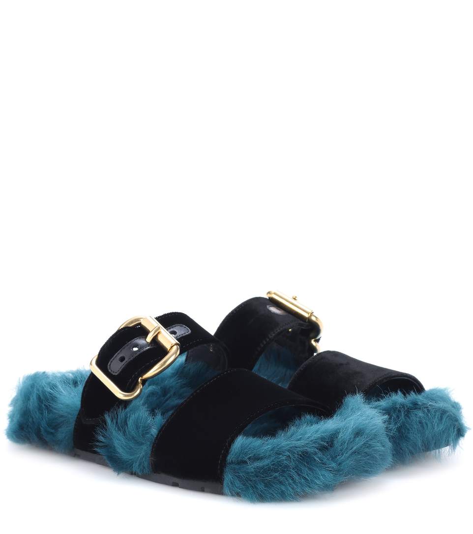 Prada Shearling-lined Velvet Slides In Blue | ModeSens