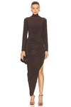 Norma Kamali Long-sleeve Turtleneck Side Drape Gown In Chocolate