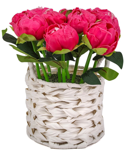 National Tree Company 10in Pink Peony Flower Bouquet In White Basket