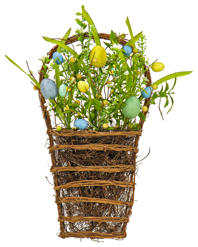 National Tree Company 18in Spring Flowers And Eggs Wall Basket In Green