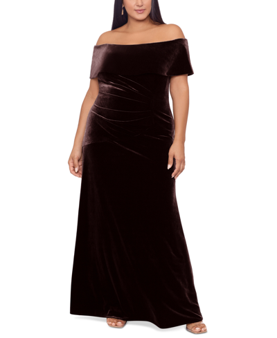 Xscape Plus Size Off-the-shoulder Velvet A-line Gown In Brown
