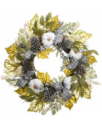 National Tree Company 30 Harvest Mixed Leaves And Ribbons Wreath In Green