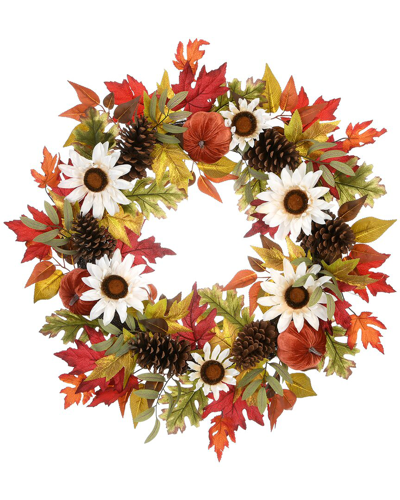 National Tree Company 32 Harvest Sunflowers And Pumpkins Wreath In Orange