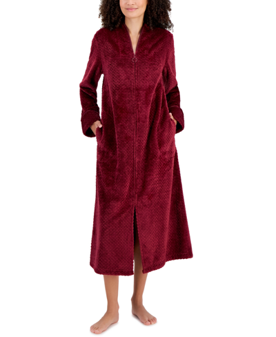 Charter Club Woman's Plush Zig Zag Zipper Robe, Created For Macy's In Cherry Wine