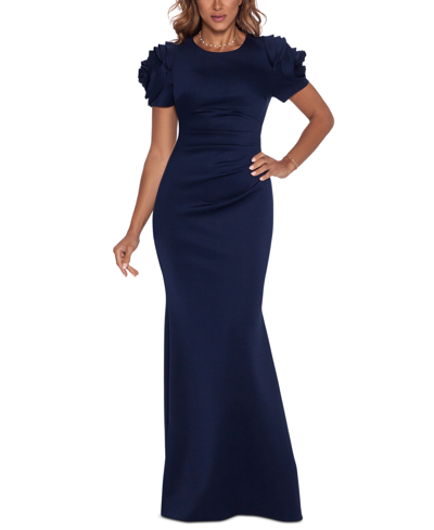 Xscape Petite 3d-flower Short-sleeve Side-pleated Gown In Midnight